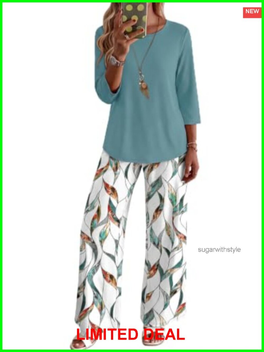 Two Piece Lounge Set 3/4 Sleeve Top Graphic Pants Pockets Summer Outfit